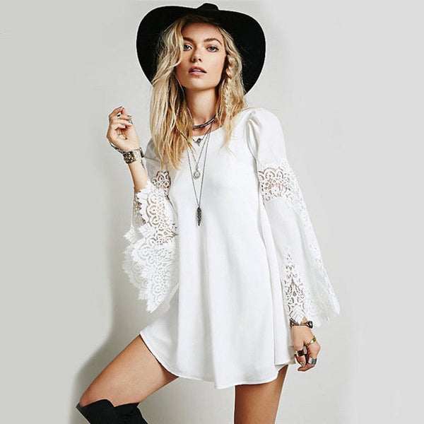 Boho White Lace Bell Sleeve Mini Dress ...